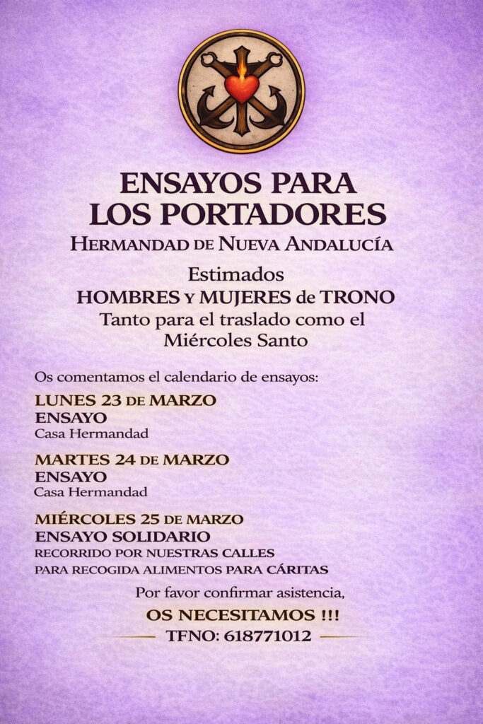 Ensayo para los portadores, Hermandad de Nueva Andalucía (Marbella). Semana Santa 2026