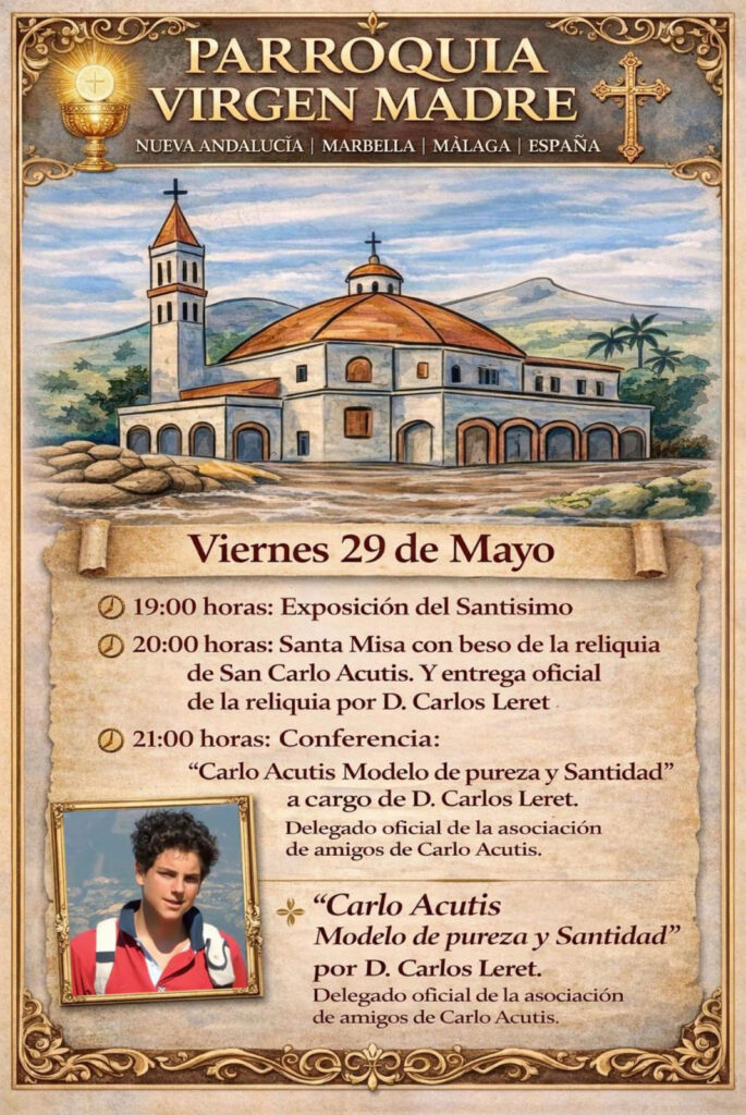 Cartel del evento Carlo Acutis en Nueva Andalucía Marbella Parroquia Virgen Madre
